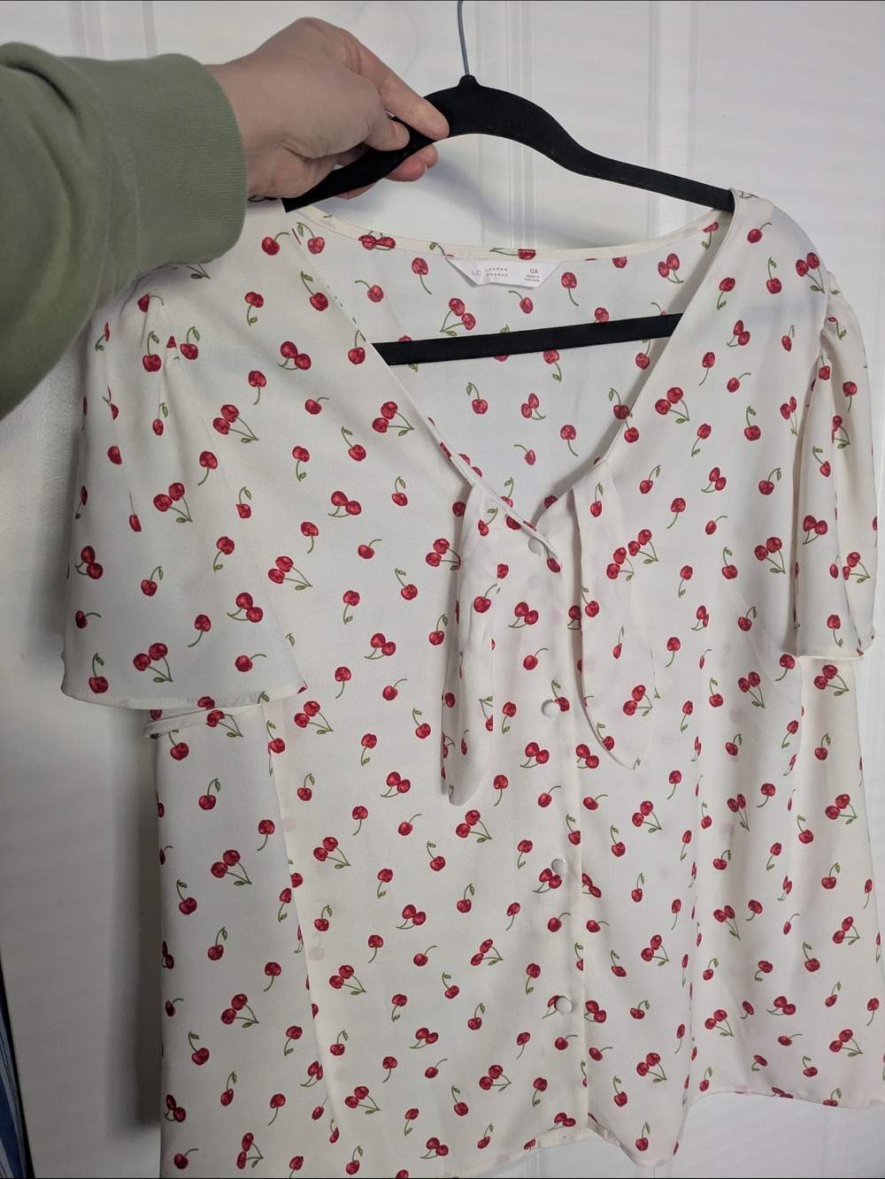 Cherry Print Tie Neck Blouse - Cream with Red Cherries